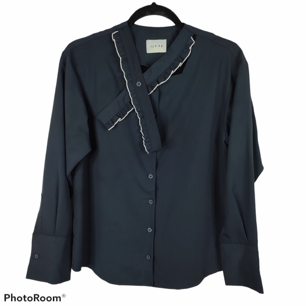 *Yuppe Navy & White Button Down Neck Tie Blouse Grandmacore Business Casual